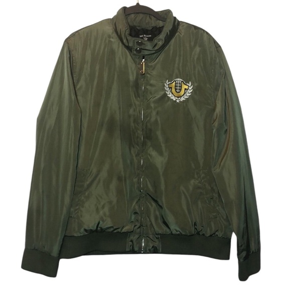 True Religion Satin Harrington Jacket Mens XL? Olive Green Zip Up Horseshoe Logo - Picture 1 of 17